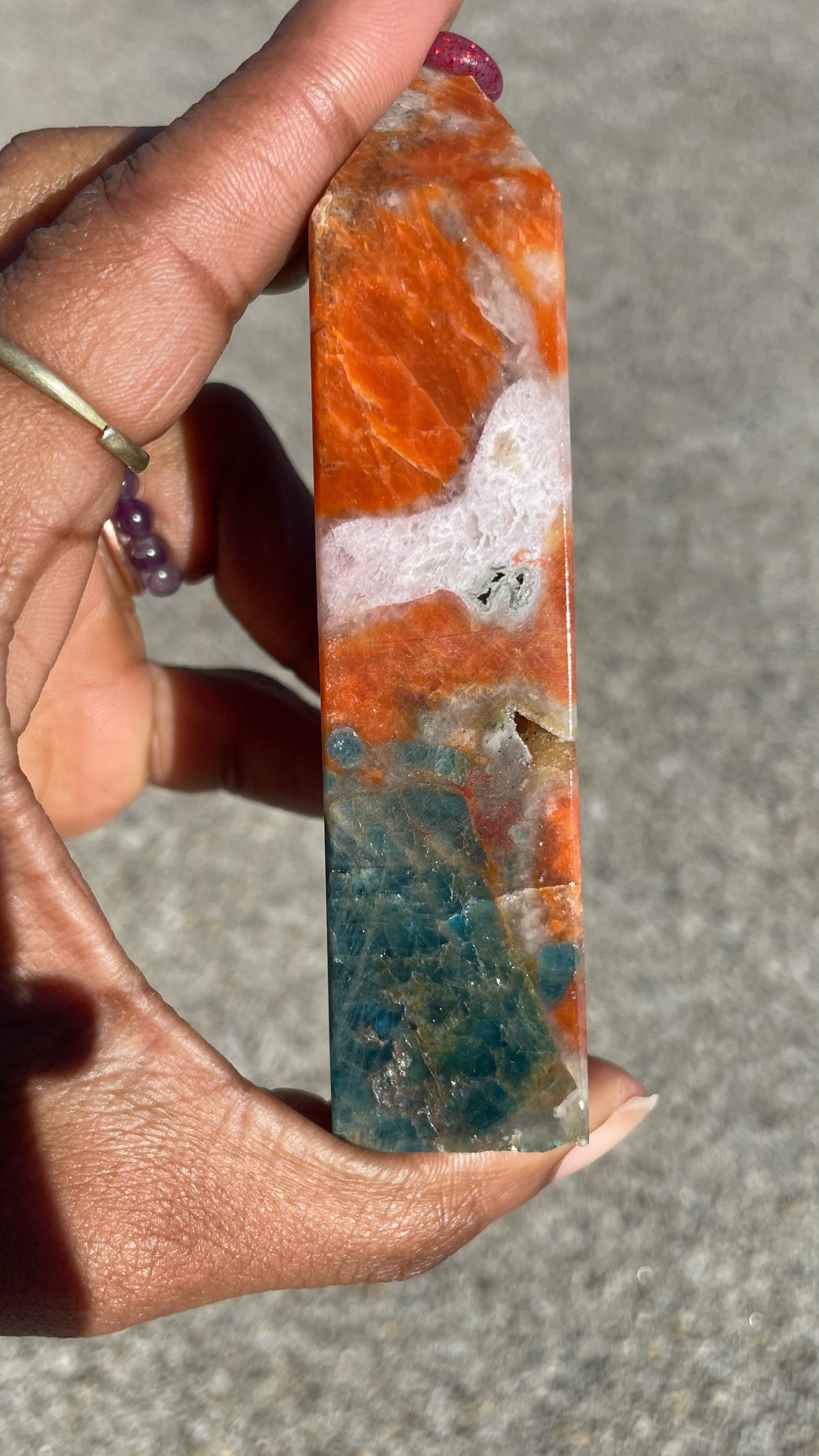 Blue Apatite with Orange Calcite Tower