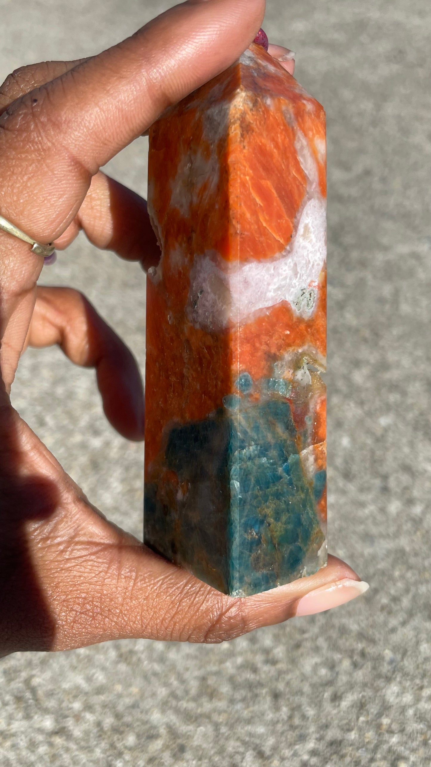 Blue Apatite with Orange Calcite Tower