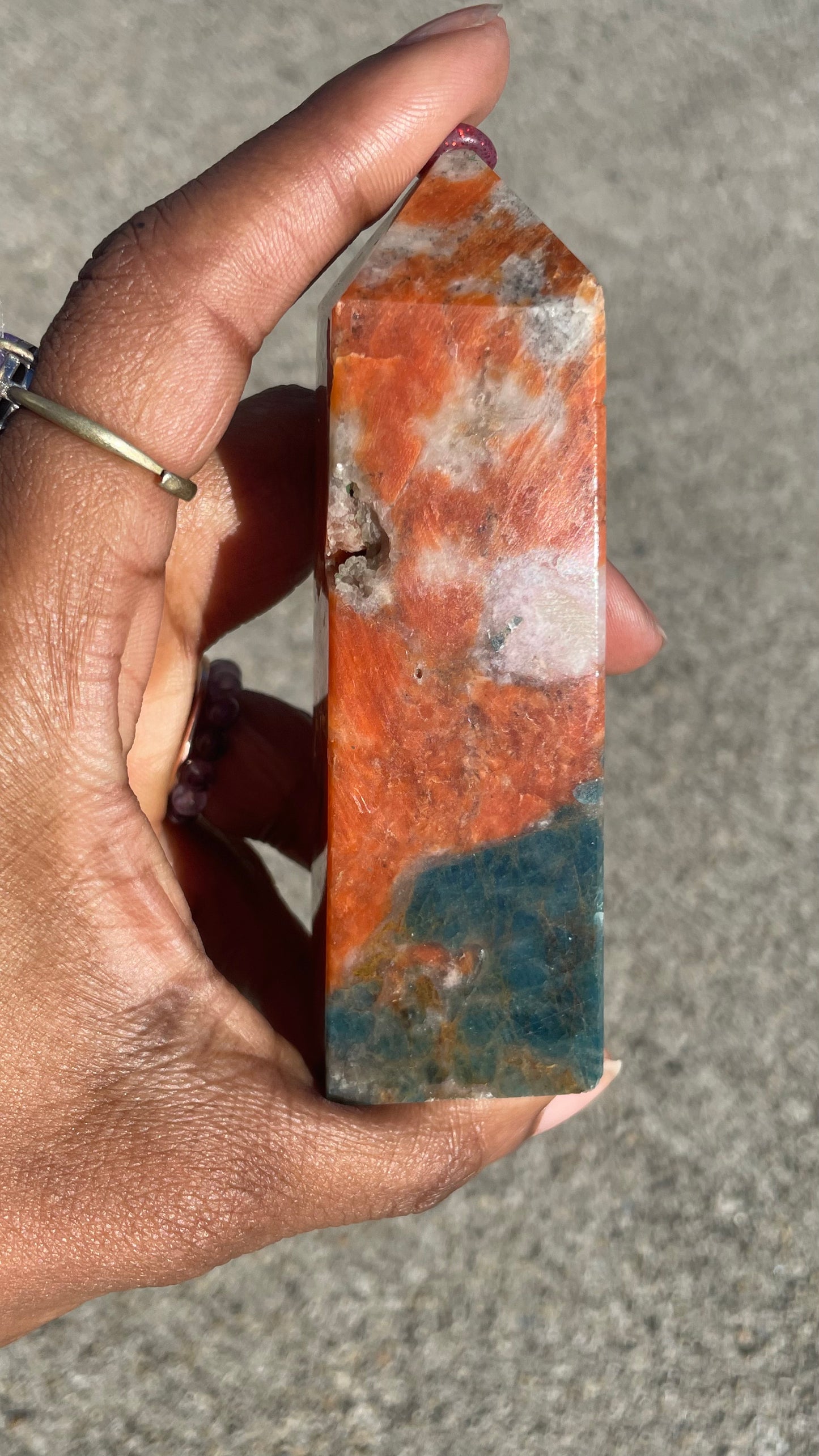 Blue Apatite with Orange Calcite Tower