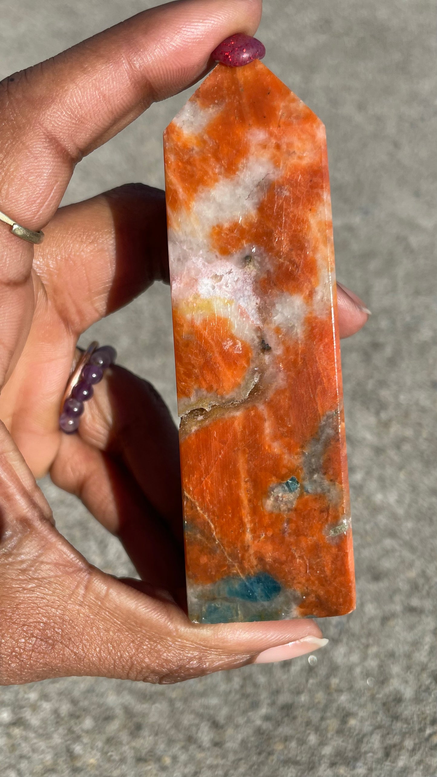 Blue Apatite with Orange Calcite Tower