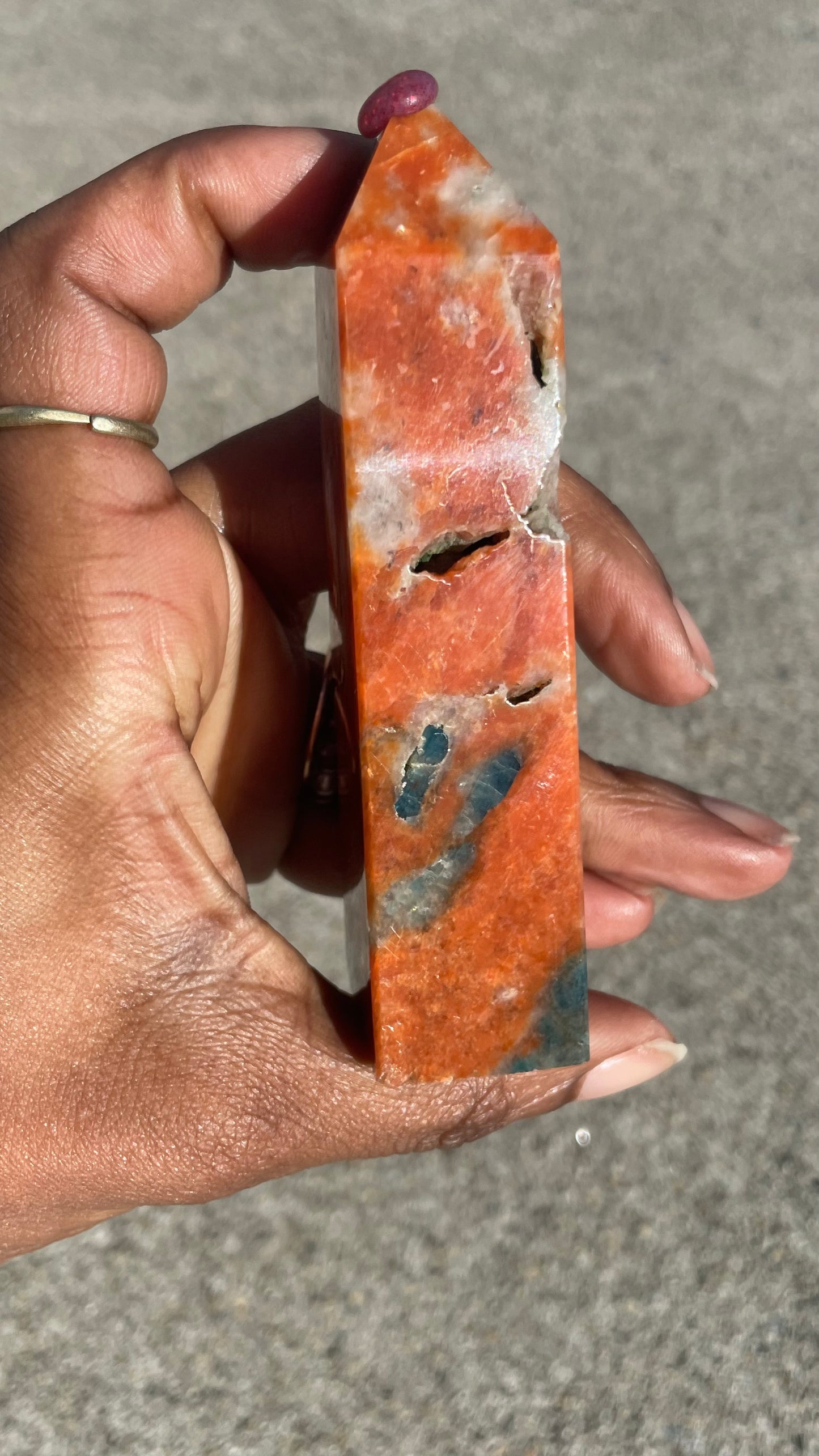 Blue Apatite with Orange Calcite Tower